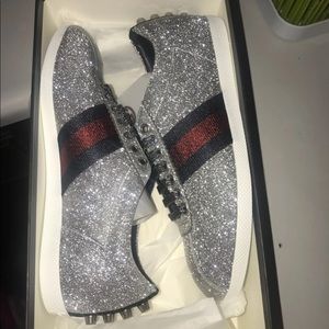 Silver sparkling glitter Gucci Tennis shoes. (Sold